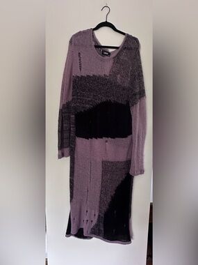 Distressed Sheer Patchwork Long Knit Dress - Mauve & Charcoal